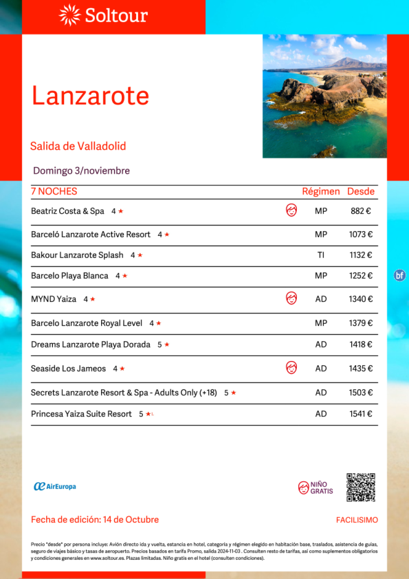 Lanzarote desde 882 € , salida 3 de Noviembre desde Valladolid