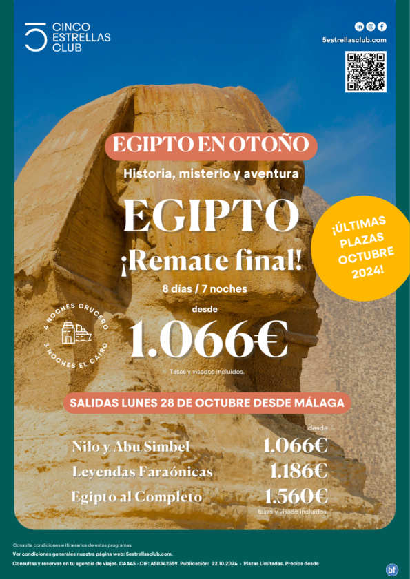 Egipto dsd 1.066 € 8d/7n Nilo y Abu Simbel sal 28 oct dsd Málaga - últimas Plazas Reserva ya!!