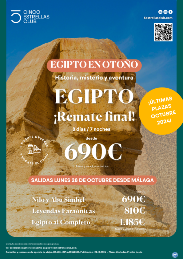 últimas Plazas Reserva ya!! Egipto PVP 690 € 8d/7n Nilo y Abu Simbel sal 28 oct dsd Málaga - Precio Increible