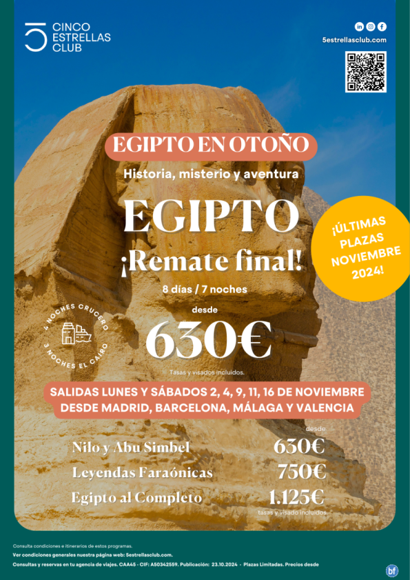 Últimas Plazas Egipto  dsd 630 € 8d/7n Nilo y Abu Simbel sal Nov: 2,4,9,11,16 Nov dsd Mad, Bcn, Agp, Vlc.