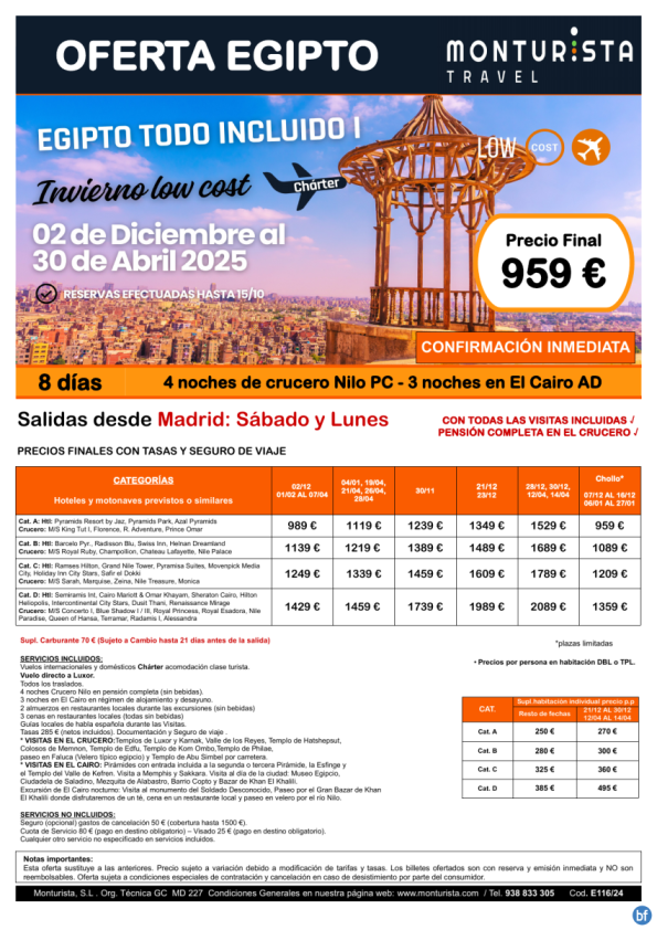 Invierno Low Cost Egipto Todo Incluido I**desde 959-salida Mad de DEC24 a APR25,sáb,lun, 4ncruc 3ncai+visitas