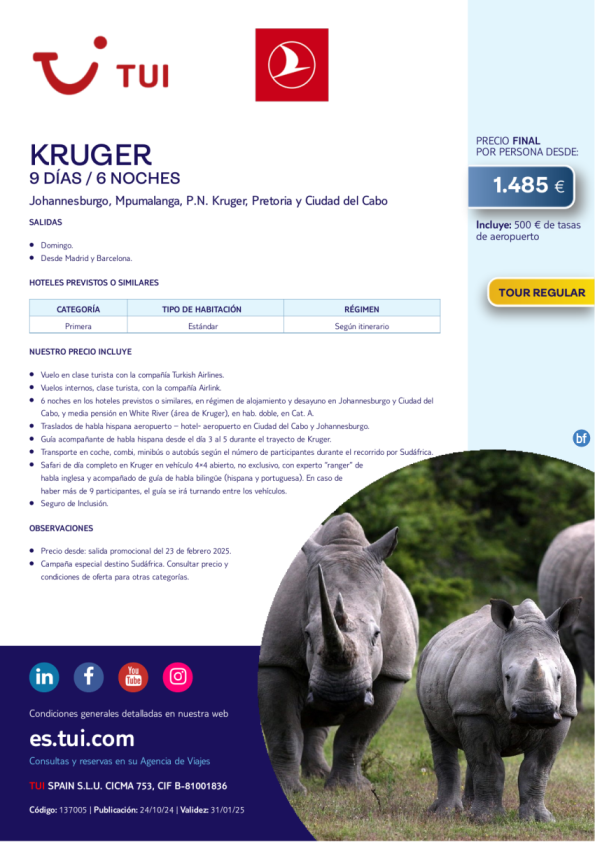 Kruger. 9 d / 6 n. Tour Regular. Salidas domingo desde MAD y BCN desde 1.485 € 