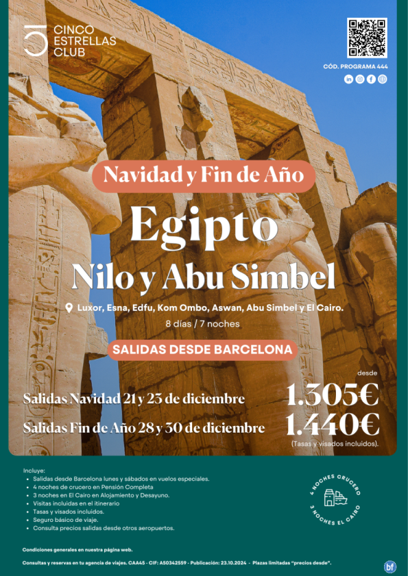 Navidad y Fin Año Egipto dsd 1.305 € Nilo y Abu Simbel 8d/7n sal 21,23,28 y 30 dic. dsd BCN. Bajamos precios!