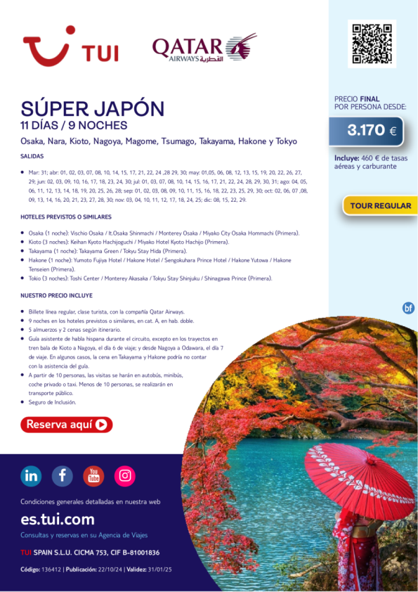 Súper Japón. 11 días / 9 noches. Tour Regular. Salidas 2025 con QR desde 3.170 € 