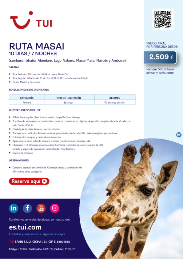 Kenia. Ruta Masai. 10 días / 7 noches desde MAD y BCN desde 2.509 € 