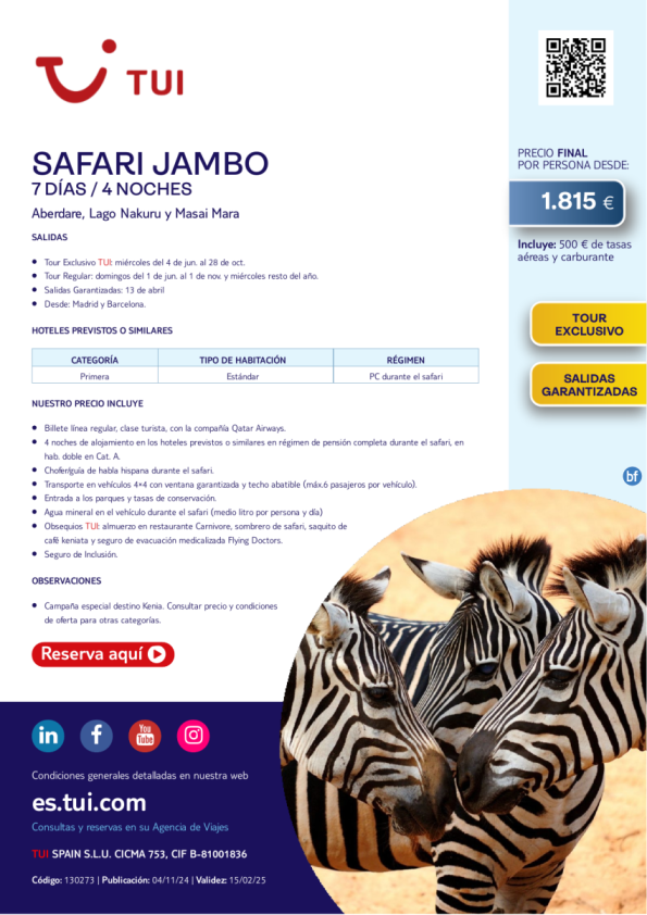 Kenia. Safari Jambo. 7 días / 4 noches. Tour Exclusivo. Salidas desde MAD y BCN desde 1.815 € 