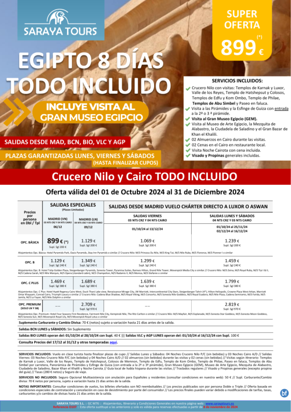 Egipto Todo Incluido 8d. Vuelo Lxr o Asw . Crz y Cai con visitas, propinas y visados hasta Sept.25 dsd 899