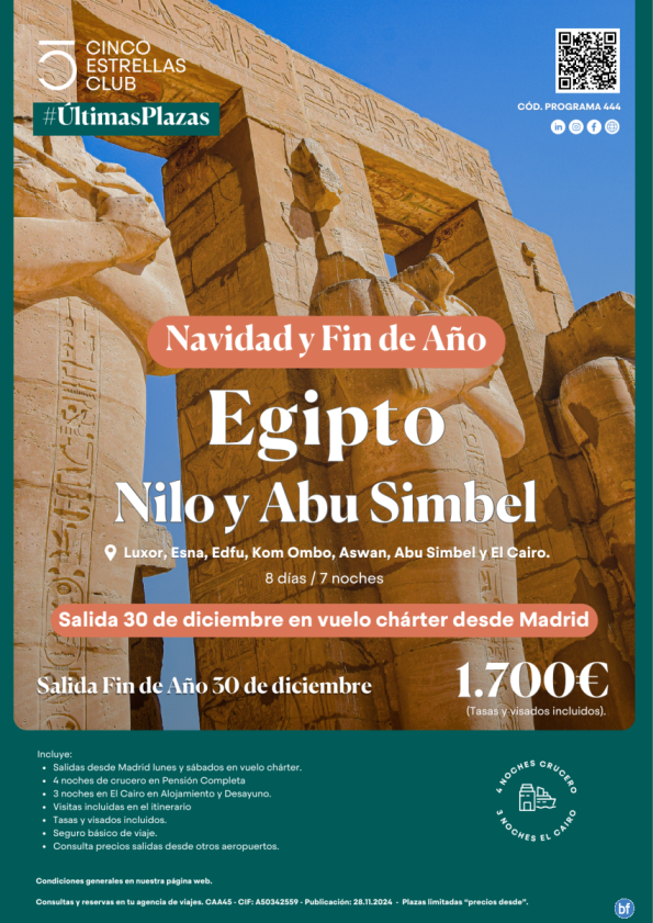 Especial Fin Año Egipto dsd 1.700 € Nilo y Abu Simbel 8d/7n salida 30 dic. dsd Madrid última plazas