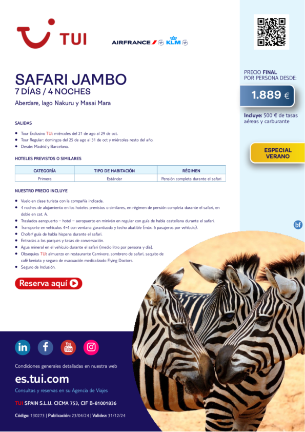 Kenia. Safari Jambo. 7 días / 4 noches. Vuelos con AF y KL. Especial Verano desde 1.889 € 