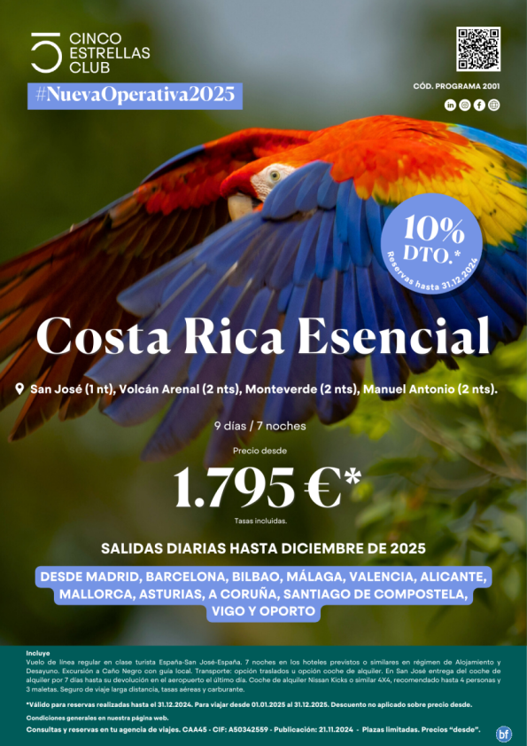 10% dto. reserv hasta 31.12.24. Costa Rica Esencial dsd 1.795 9d/7n  salida hasta dic\'25. Ver aerp.salida