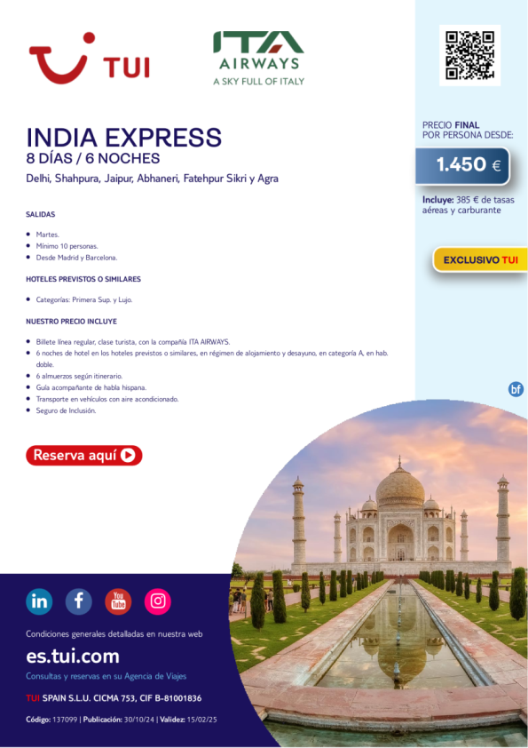 India Express. 8 días / 6 noches. Exclusivo TUI. Vuelos con ITA Airways desde Mad y Bcn desde 1.450 € 