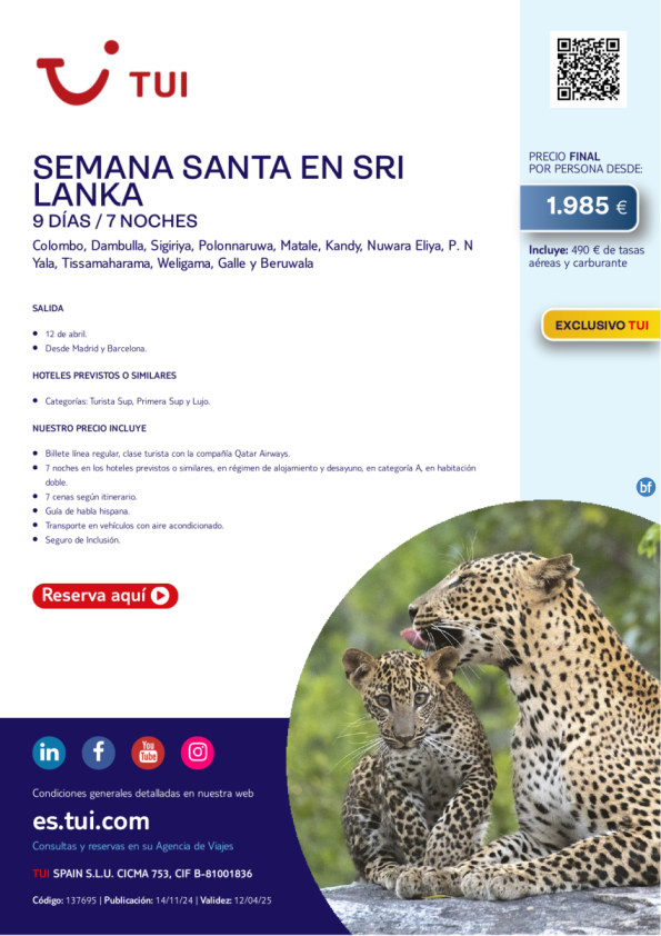 Semana Santa en Sri Lanka. 9 días / 7 noches. Exclusivo TUI. 12 abr desde Mad y Bcn desde 1.985 € 