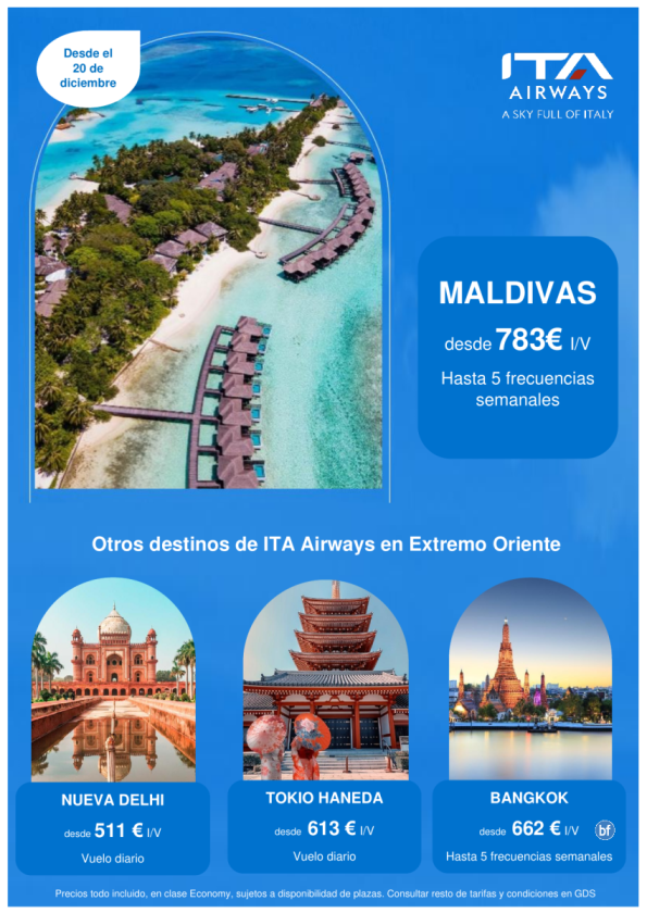 A partir del 20 de diciembre, reanudamos el vuelo a Malé. Descubre éste y otros destinos de ITA Airways en Ext