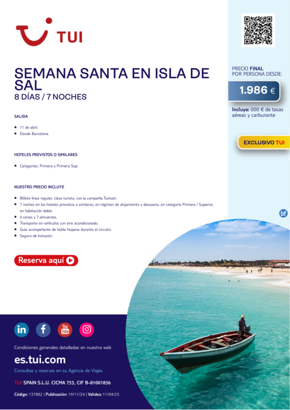 Semaa Santa en Isla de Sal. 8 días / 7 noches. Exclusivo TUI. Salida 11 ABR desde BCN desde 1.986 € 