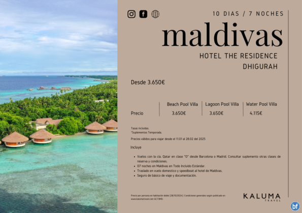 Maldivas Hotel The Residence Dhigurah 7 noches en *Todo Incluido* hasta Marzo desde 3.650 € 