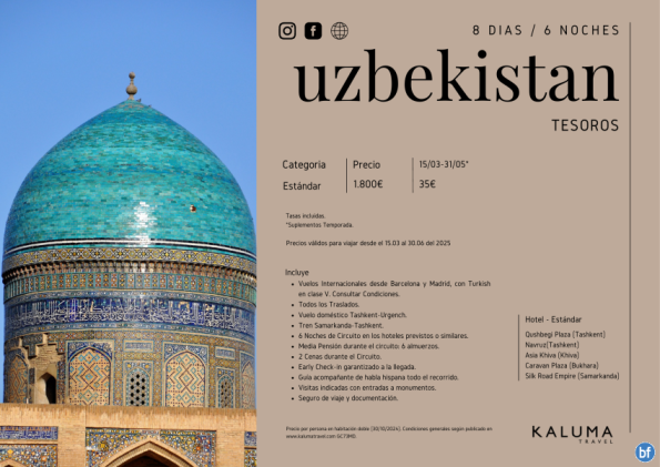 Tesoros de Uzbekistan 8 Días / 6 Noches + *Early Check-in garantizado* hasta Junio desde 1.800 € 