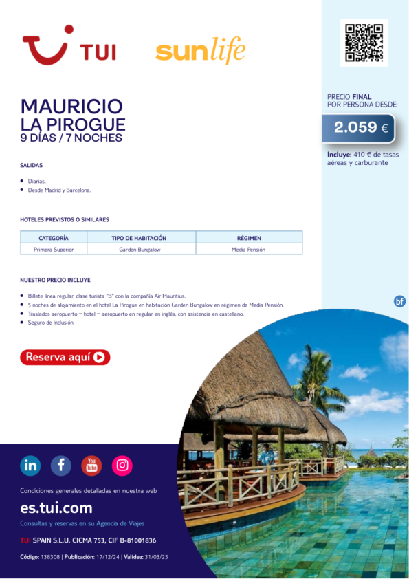 Estancia en Mauricio. Hotel La Pirogue. 9 días / 7 noches. Salidas diarias desde MAD y BCN desde 2.059 € 