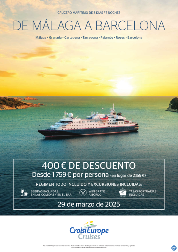 400? DE DTO. crucero marítimo de Málaga a Barcelona ? 8 días ? régimen todo incluido