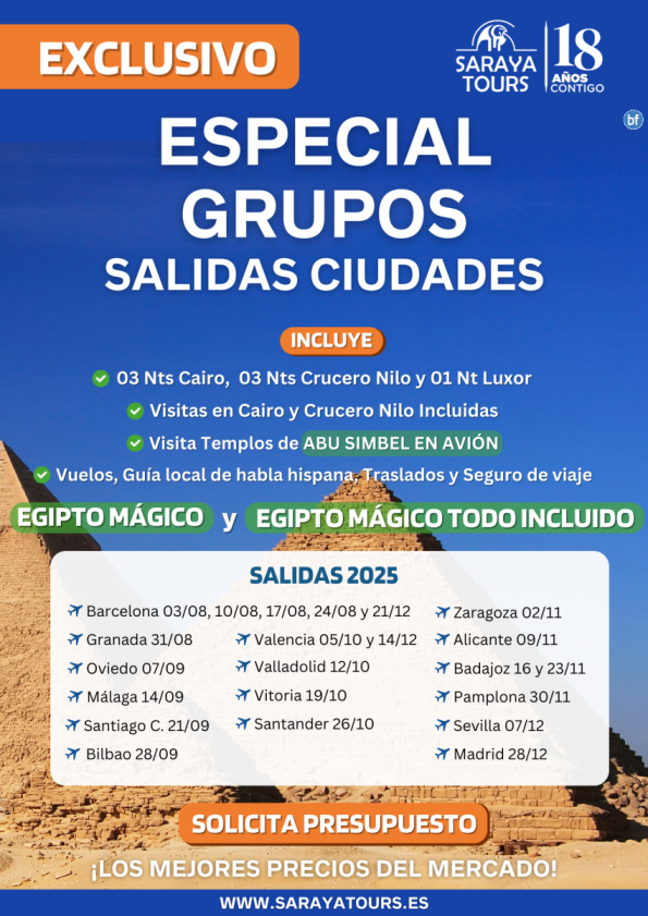 ¡Novedad! Especial Egipto Mágico 2025 con Abu Simbel en avión incluido. Salidas desde 16 ciudades españolas.