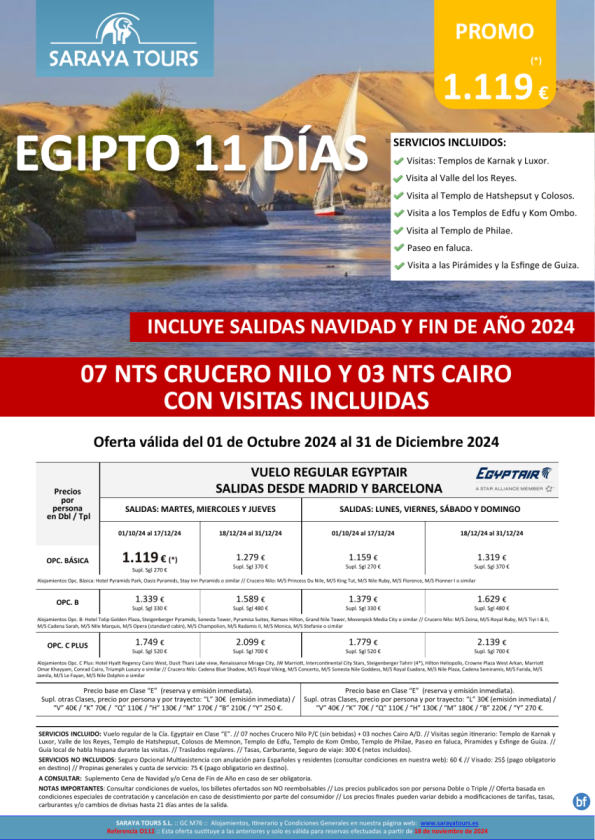 Egipto 11 días. Salidas Mad y Bcn *Crucero 7 noches y Cairo con Visitas Incluidas* desde 1089 € hasta sept 25