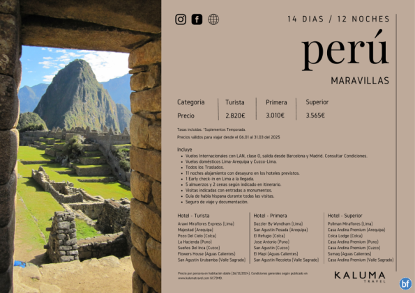 Maravillas del Perú 12 noches con **Early Check-in garantizado y Plus Novios*hasta Marzo desde 2.820 € 