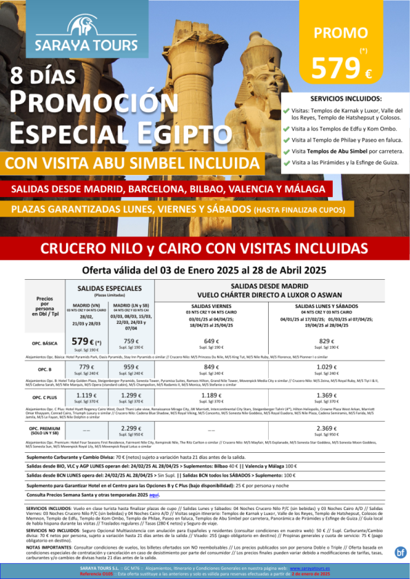 Promo Egipto con Abu Simbel 8d. * Vuelo directo a Lxr o Asw * Crucero y Cairo desde 579 € hasta Septiembre 25