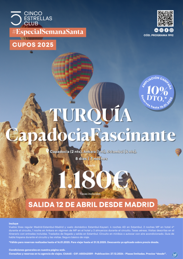 10% dto. reserv hasta 16.01.202. SEMANA SANTA Capadocia Fascinante dsd 1.180 € 8d/7n salida 12 abril dsd Madrid