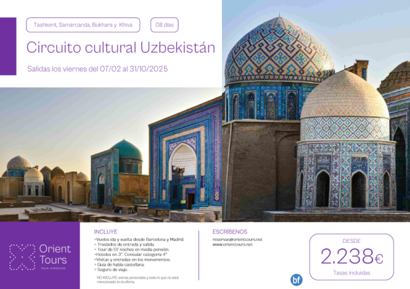 Uzbekistán. Circuito cultural 8 días salidas los viernes desde Bcn y Mad