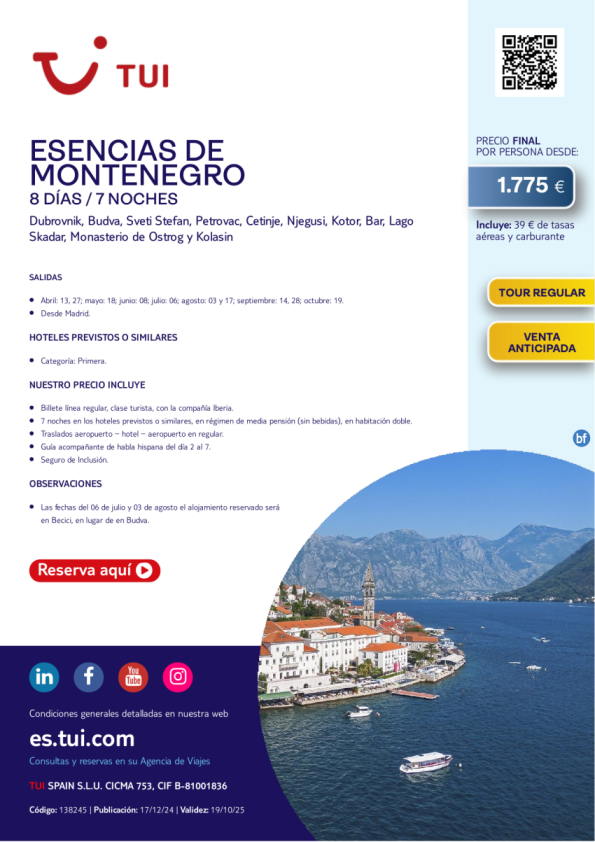 Esencias de Montenegro. 8 días / 7 noches. Tour Regular. Salidas desde MAD desde 1.775 € 