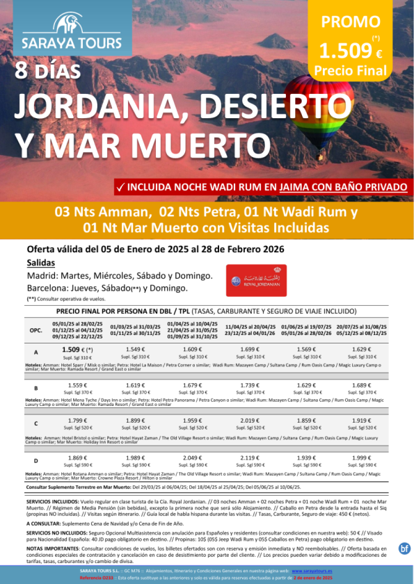 Promo! Jordania, Desierto y M.Muerto 8 días: Amman, Petra, Wadi Rum, M.Muerto con Visitas hasta Feb 26