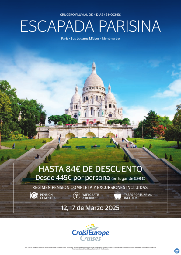 Hasta 84 € DESCUENTO + excursiones - barco-hotel Escapada parisina - 4 días - régimen Pensión completa - marzo