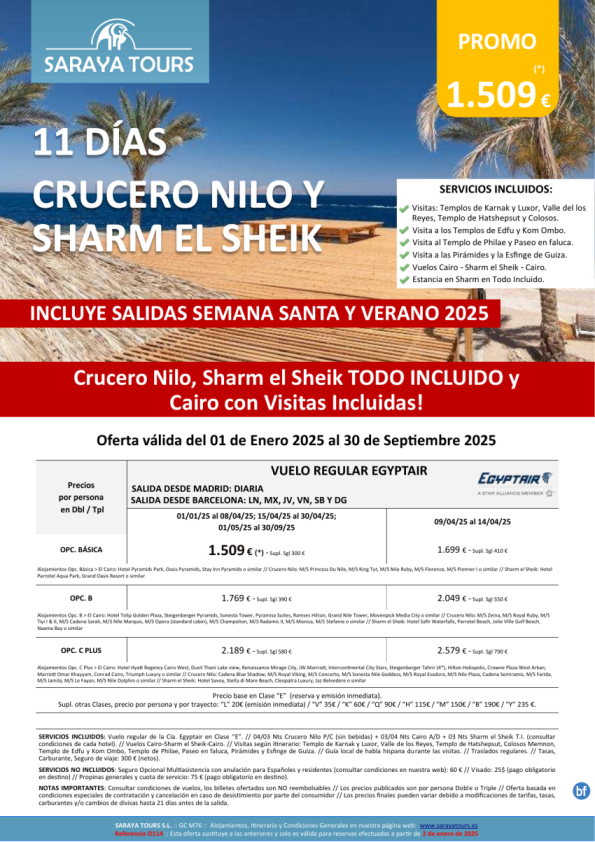 Crucero Nilo y Sharm el Sheik 11d. Salidas Mad y Bcn *Crucero, Sharm en T.I. y Cai con Visitas* hasta Sept 25