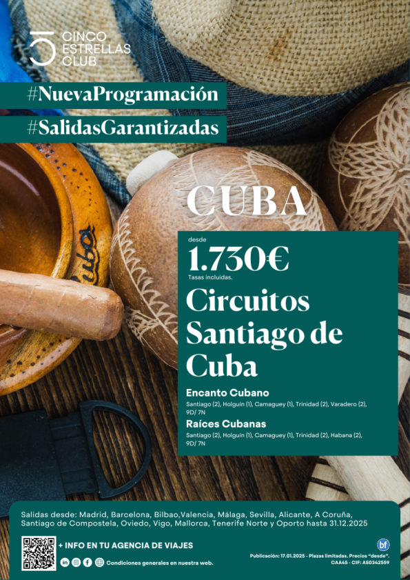 Cuba/Nueva Progr. circuitos llegada a Santiago de Cuba de 7n dsd 1.730 € ver ciud. de salida y circuitos