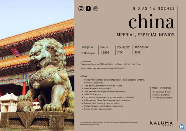 China Imperial *Especial Novios* 8 días / 6 noches - en hoteles Boutique hasta Octubre desde 4.280 € 