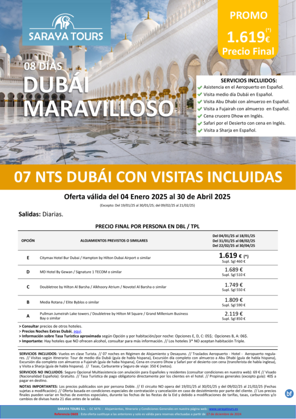 Promo! Dubai Maravilloso 8 días con Hotel, Traslados y Visitas a Abu Dhabi, Sharja y Fujairah hasta Abril26