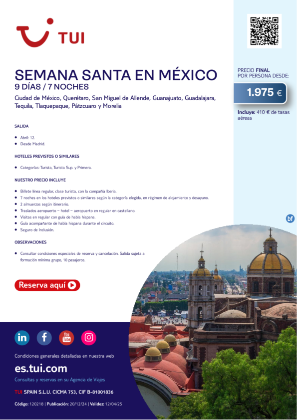 Semana Santa en México. 9 días / 7 noches. Salida 12 abril desde MAD desde 1.975 € 