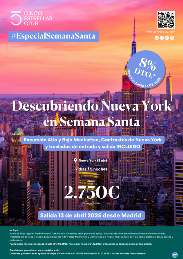 8% dto+Tarjeta Gif Card-Descub. NY. 7 d/5N S.STA /Cupos/ dsd 2.750 € sal.13 abril dsd Mad. Ver lo que incluye