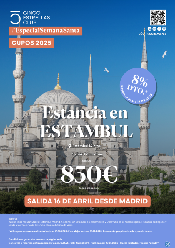 8% dto.+Tarj.Gif Card hasta 120 € Estancia Estambul  dsd 850 € 5d/4n Sal. 16 abril desde Mad. Cupos