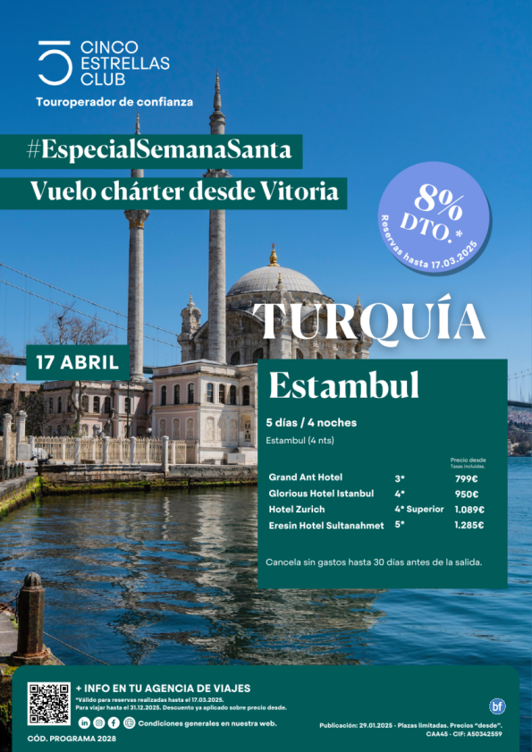 8% dto.+Tarj.Gif Card hst120? Estancia Estambul charter dsd Vitoria 5d/4n dsd 799 € Sal. 17 abril. Semana Santa