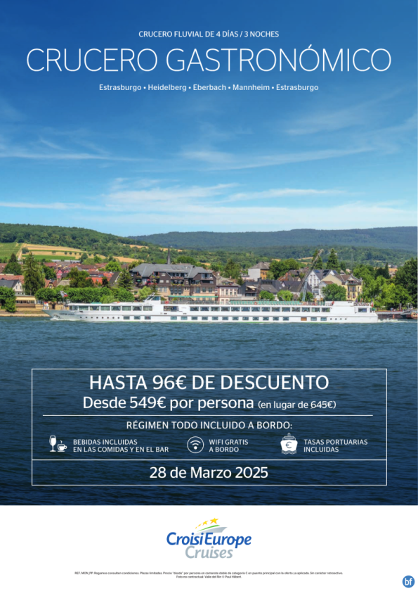 Hasta 96 € DESCUENTO - crucero fluvial gastronómico por el Rin - 4 días - régimen Todo Incluido - 28/03