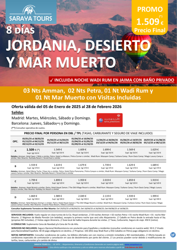 Promo! Jordania, Desierto y M.Muerto 8 días: Amman, Petra, Wadi Rum, M.Muerto con Visitas hasta Feb 26