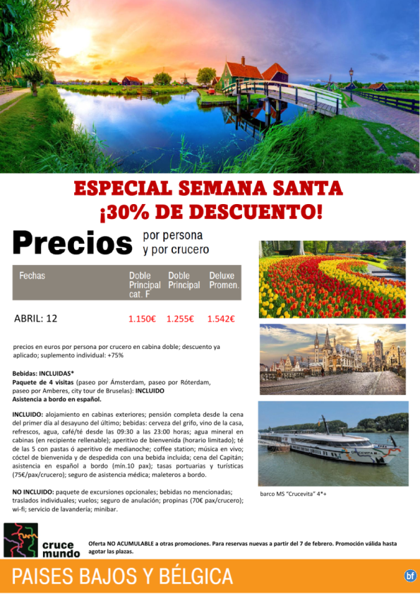 Tulipanes en flor en Semana Santa. Hasta 30% de descuento. Crucero fluvial Ámsterdam-Gante-Ámsterdam.