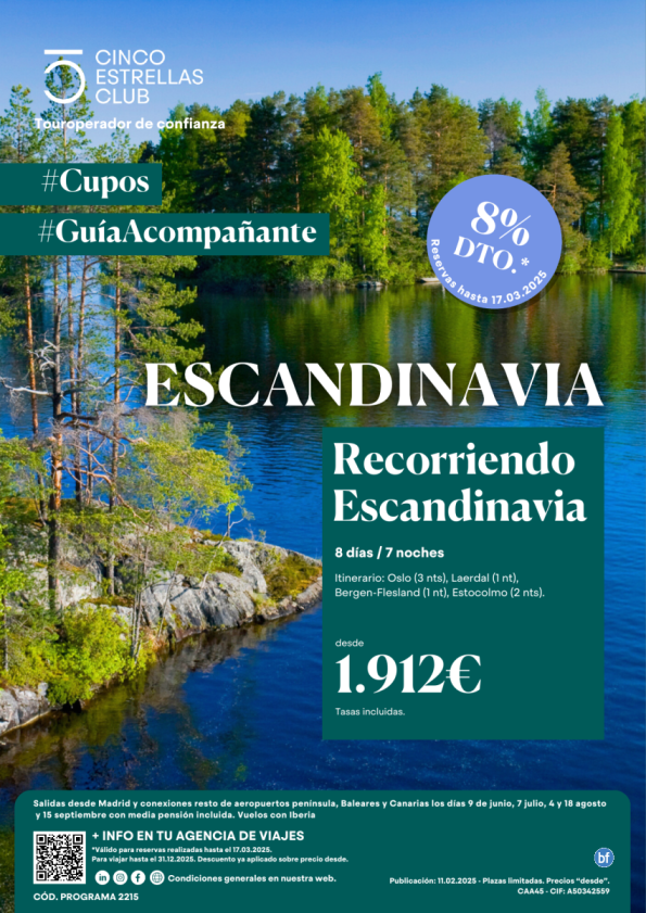 Novedad! 8% dto+Tarj.Amaz hasta 120 € Dsd  1.910 € Recorriendo Escandinavia-Cupos- Guia sal. Mad y resto. aerop.