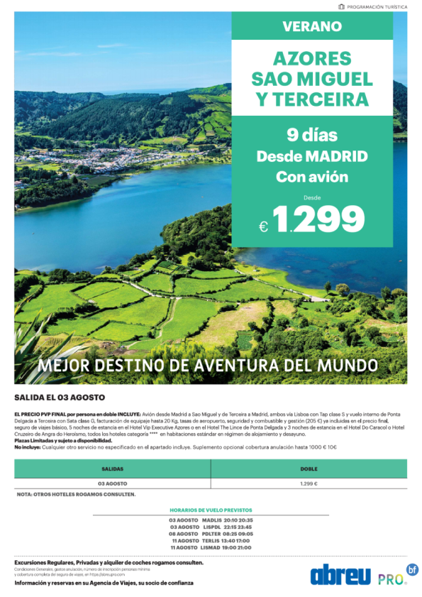 Azores Combinado 2 Islas desde Madrid 9 dias única salida 03 Agosto