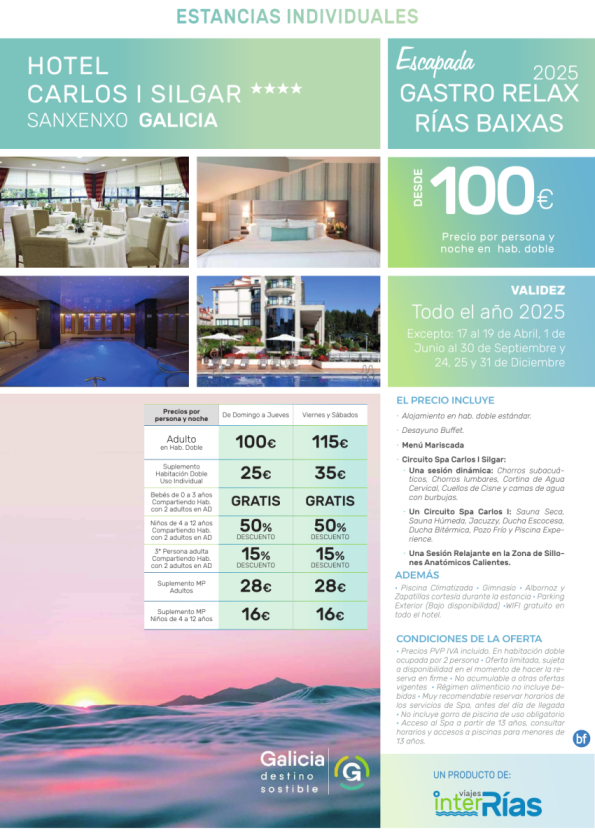 Gastro Relax Rías Baixas Hotel Carlos I Silgar 4* (Sanxenxo - Galicia).- Hoteles para Individuales