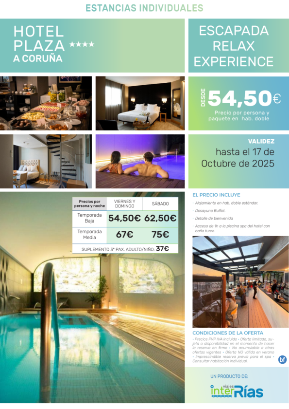 Escapada Relax Experience Hotel Plaza 4* (A Coruña - Galicia).- Hoteles para Individuales