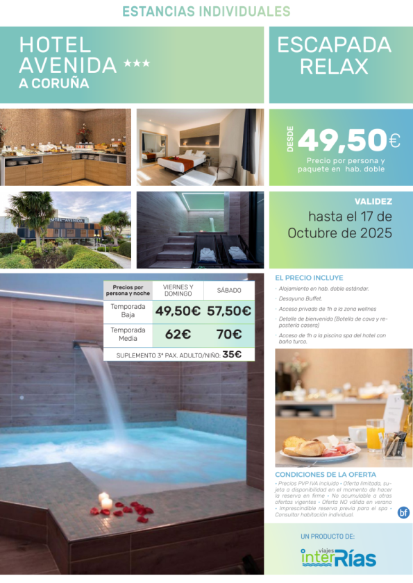 Escapada Relax Hotel Avenida 4* (A Coruña - Galicia).- Hoteles para Individuales