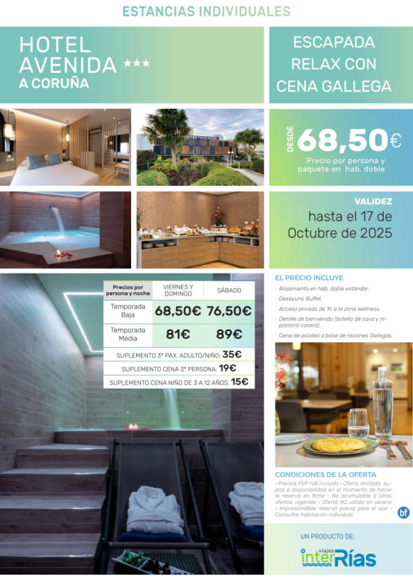 Escapada Relax con Cena Gallega Hotel Avenida 3* (A Coruña - Galicia).- Hoteles para Individuales