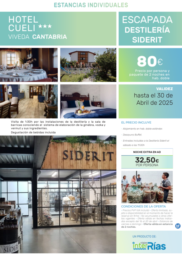 Escapada Destilería Siderit Hotel Cueli 3* (Viveda - Cantabria).- Hoteles para Individuales