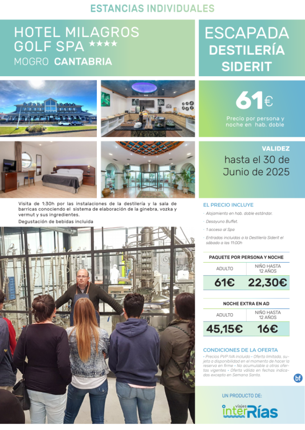 Escapada Destilería Siderit Hotel Milagros Golf Spa 4* (Mogro - Cantabria).- Hoteles para Individuales
